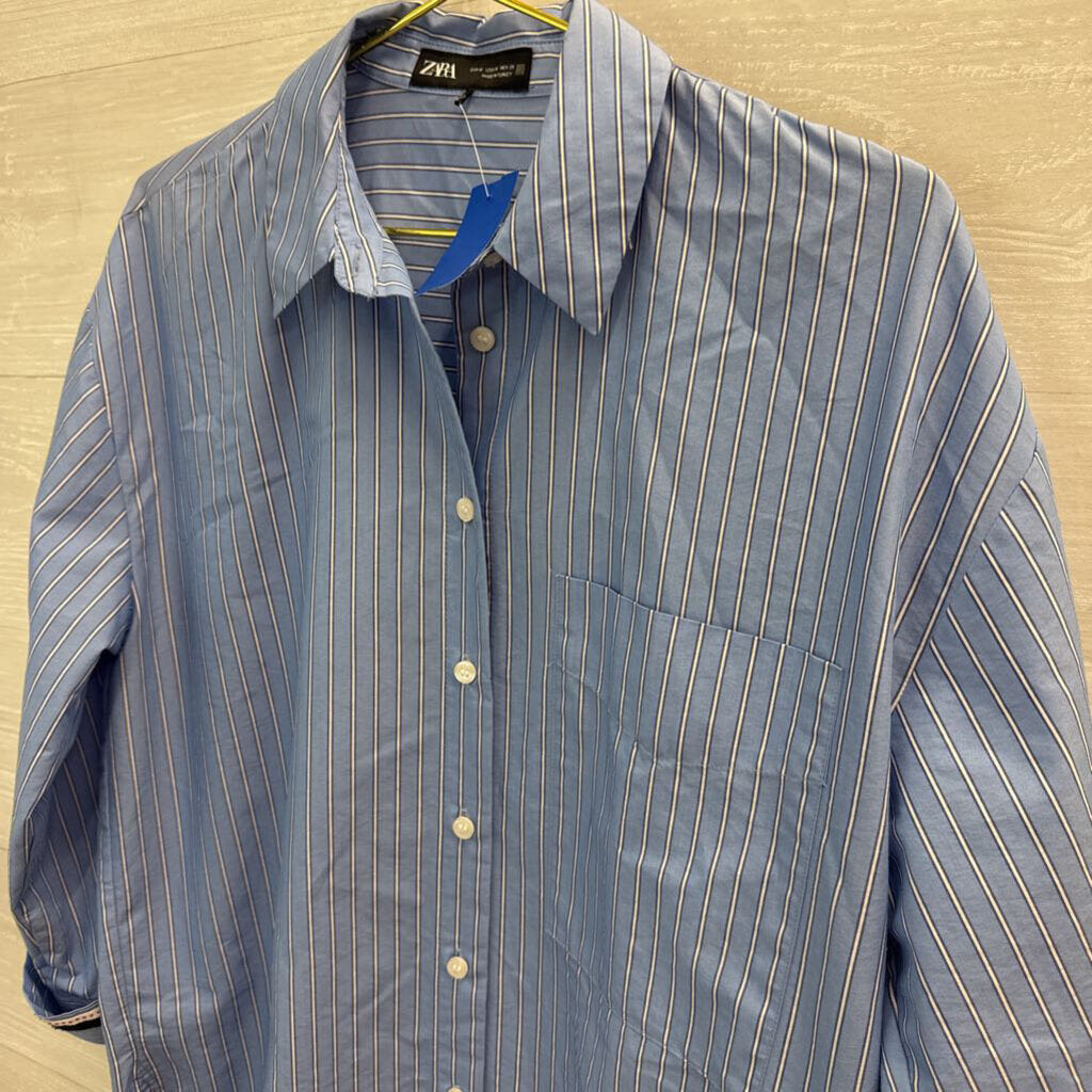 Zara Blue Striped Long Sleeve Button Up Shirt Medium