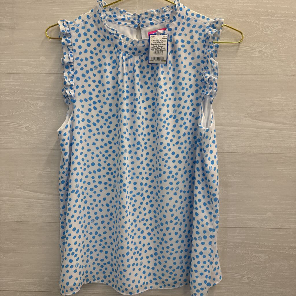 Lilly Pulitzer Sleeveless Ruffle-Neck Blouse White/Blue Print Pink