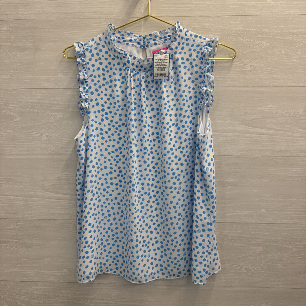 Lilly Pulitzer Sleeveless Ruffle-Neck Blouse White/Blue Print Pink