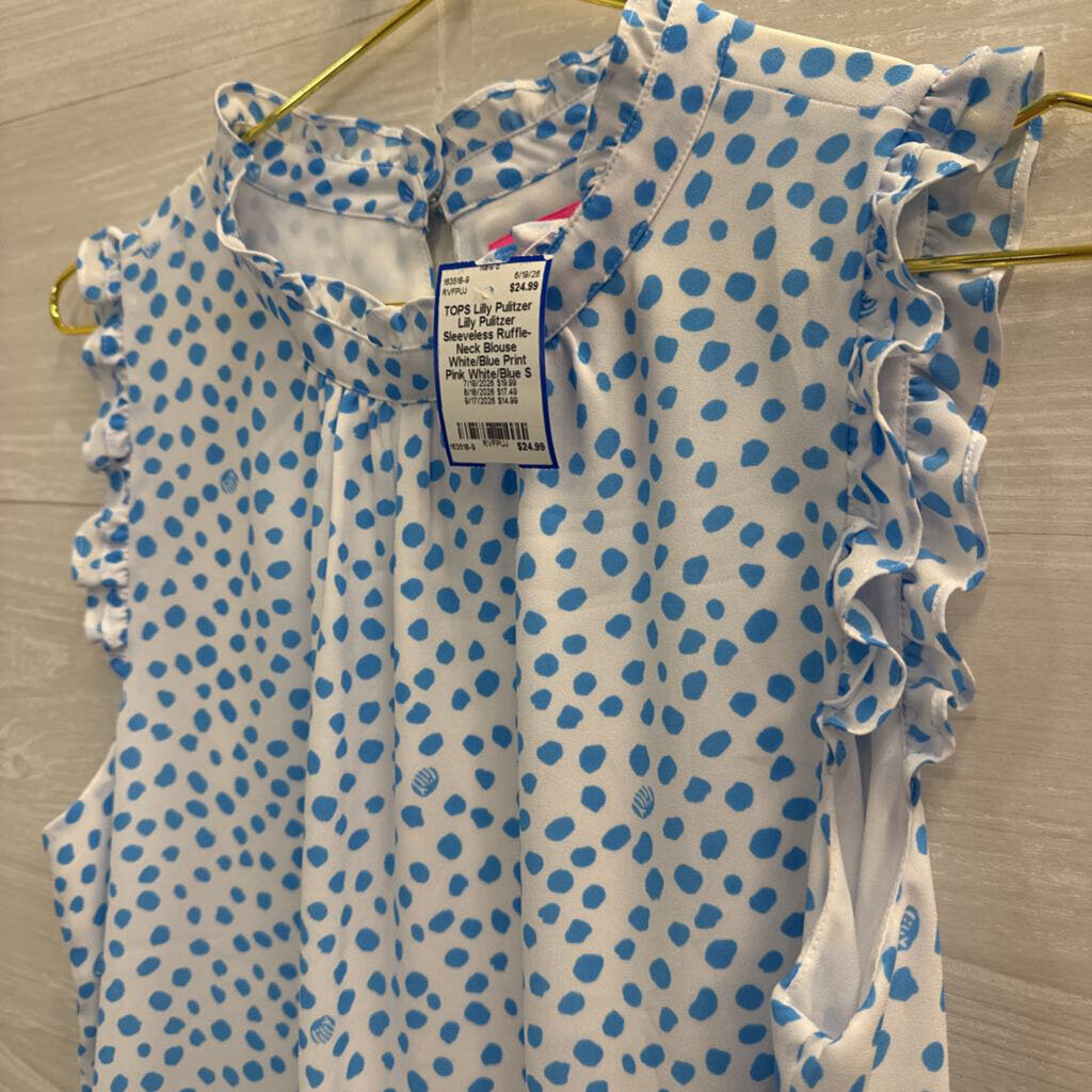 Lilly Pulitzer Sleeveless Ruffle-Neck Blouse White/Blue Print Pink