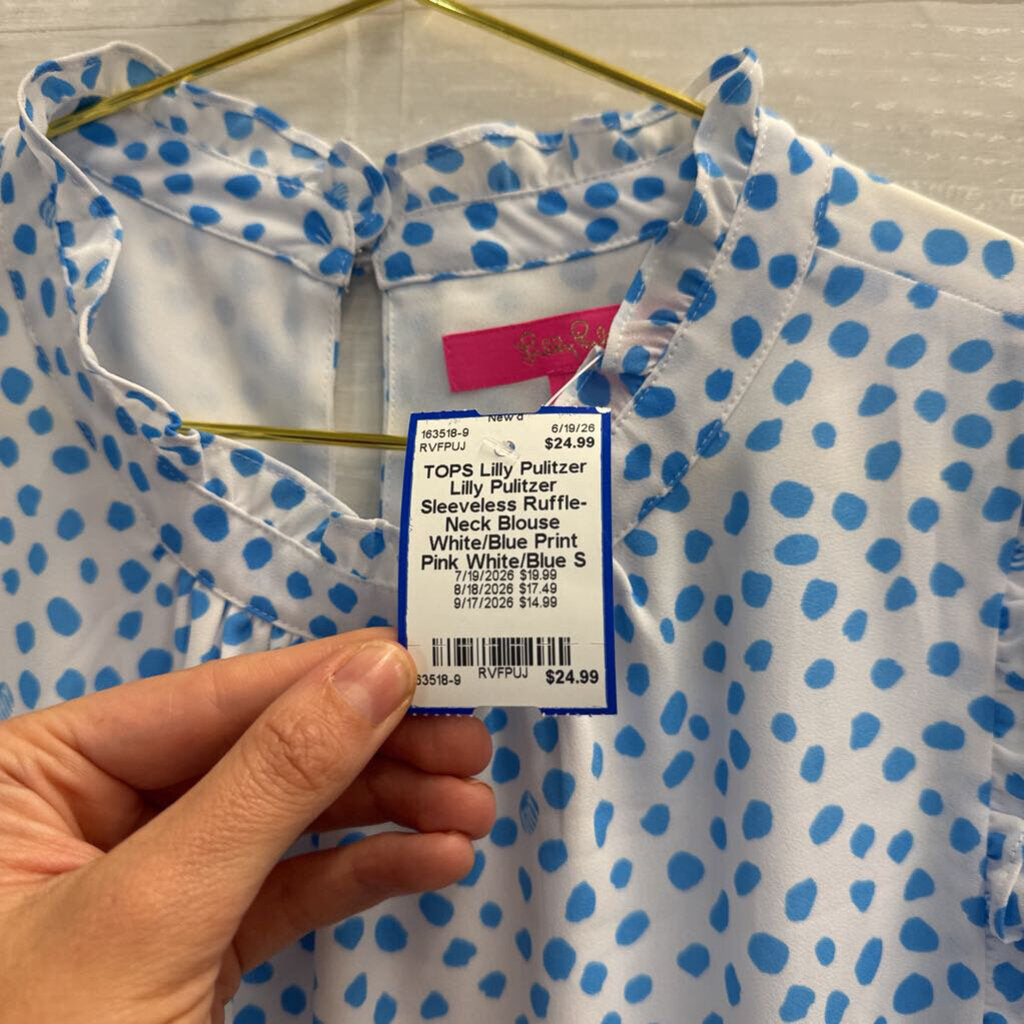Lilly Pulitzer Sleeveless Ruffle-Neck Blouse White/Blue Print Pink