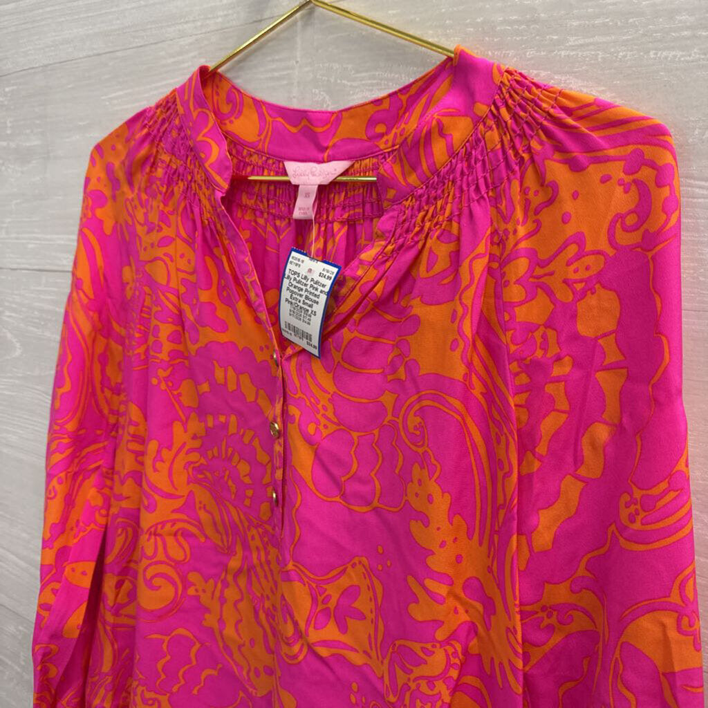 Lilly Pulitzer Pink and Orange Printed Popover Blouse Extra Small