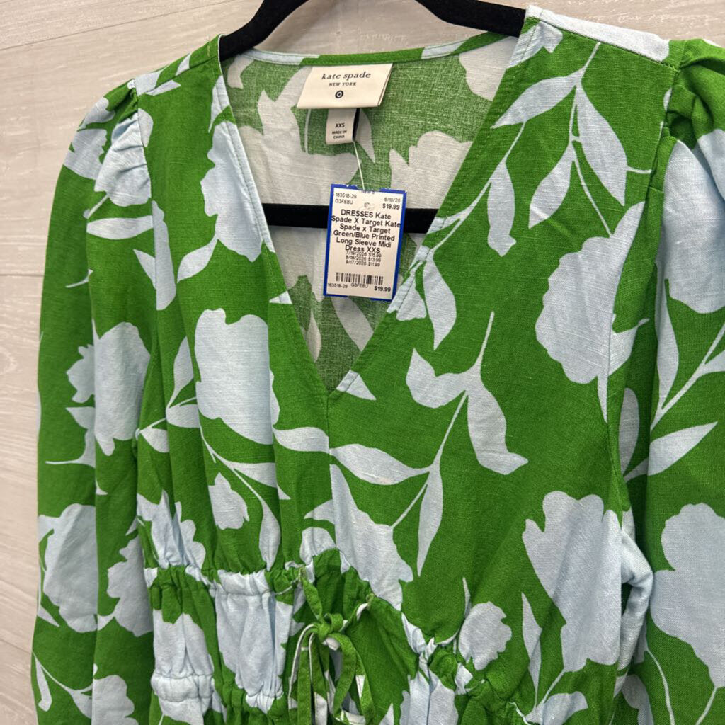 Kate Spade x Target Green/Blue Printed Long Sleeve Midi Dress XXS
