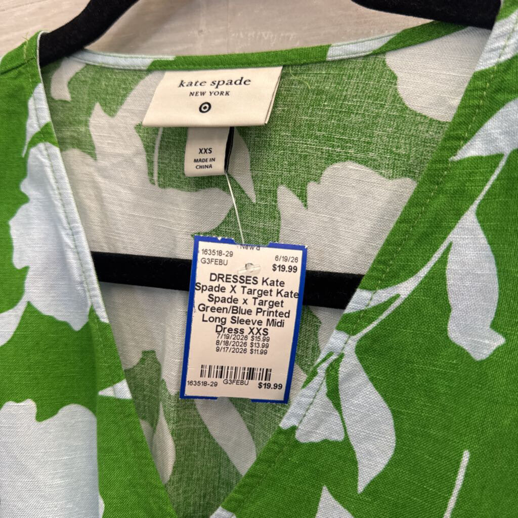 Kate Spade x Target Green/Blue Printed Long Sleeve Midi Dress XXS