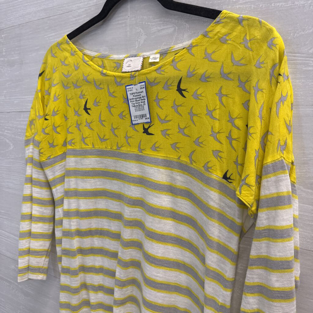 Postmark Anthropologie Bird Print Mixed Media Top Extra Small