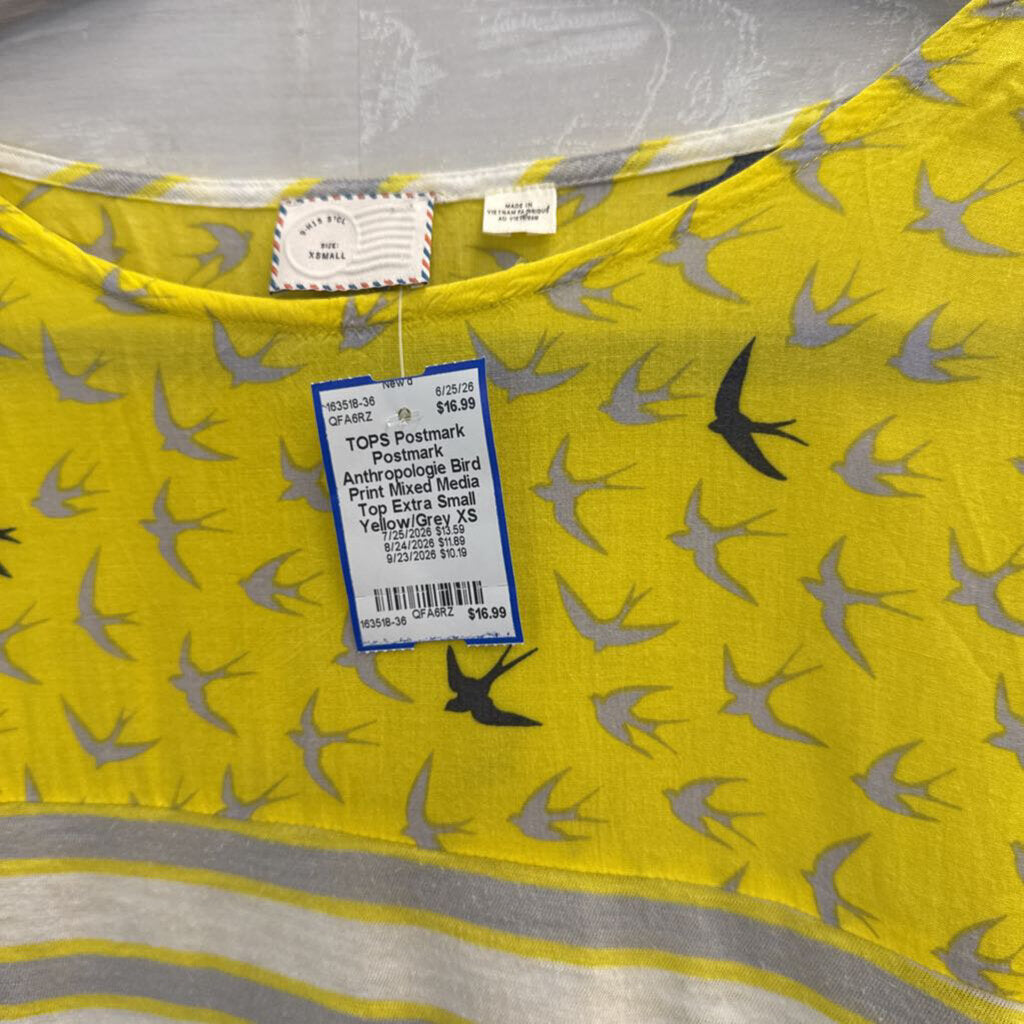 Postmark Anthropologie Bird Print Mixed Media Top Extra Small