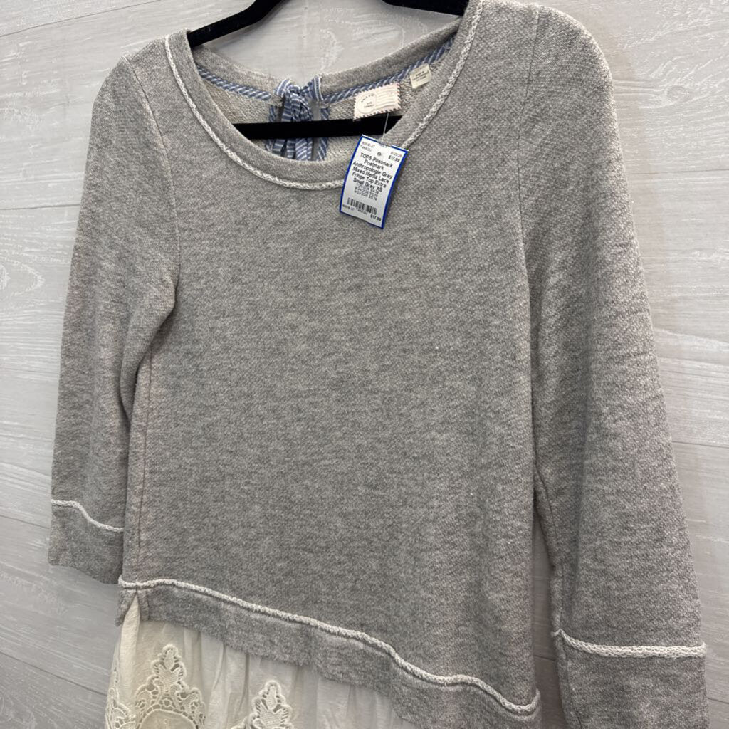 Postmark Anthropologie Grey Mixed Media Lace Fringe Top Extra Small