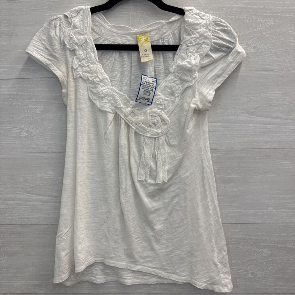 Meadow Rue Anthropologie White Ruffle Tie Neck Short Sleeve XS