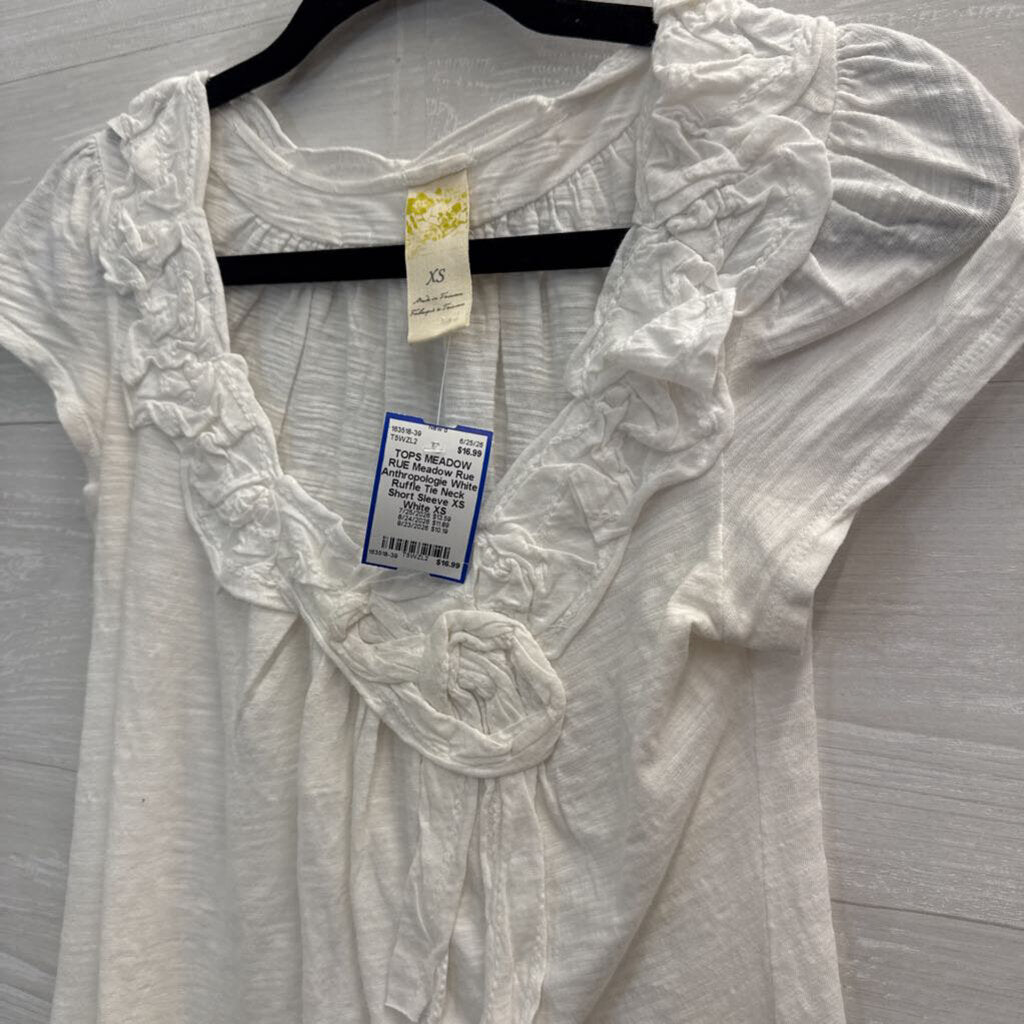 Meadow Rue Anthropologie White Ruffle Tie Neck Short Sleeve XS