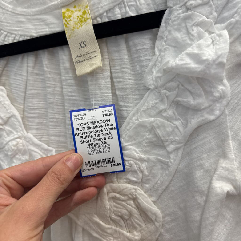 Meadow Rue Anthropologie White Ruffle Tie Neck Short Sleeve XS