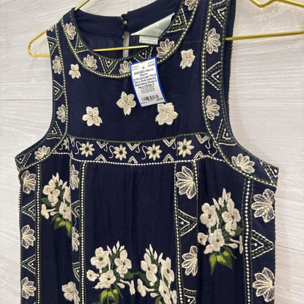 Maeve Anthropologie Floral Navy Embroidered Sleeveless Dress 0
