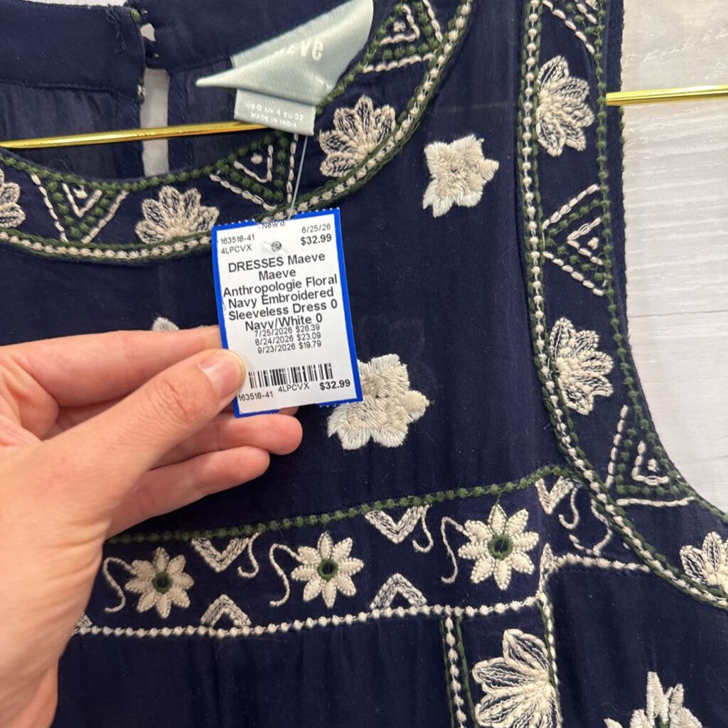 Maeve Anthropologie Floral Navy Embroidered Sleeveless Dress 0