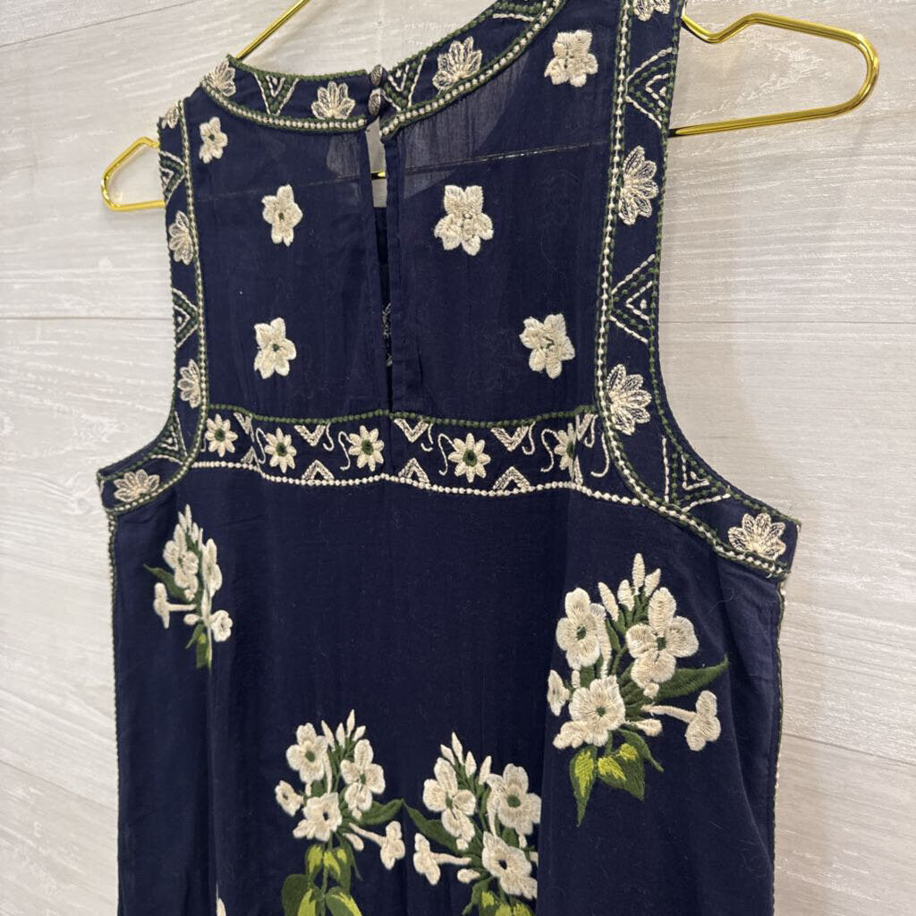Maeve Anthropologie Floral Navy Embroidered Sleeveless Dress 0