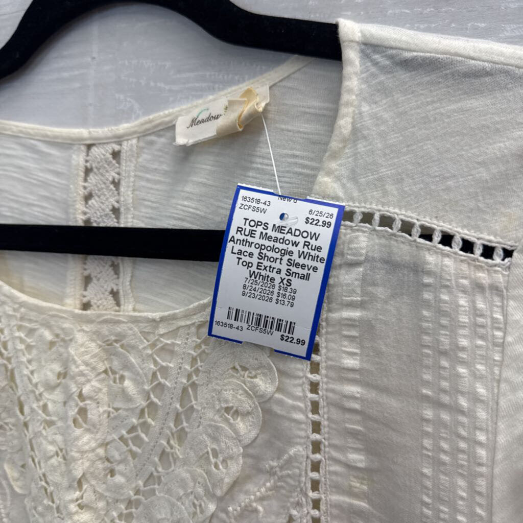 Meadow Rue Anthropologie White Lace Short Sleeve Top Extra Small