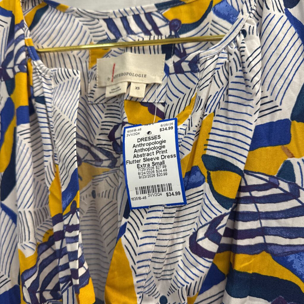 Anthopologie Abstract Print Flutter Sleeve Dress Extra Small