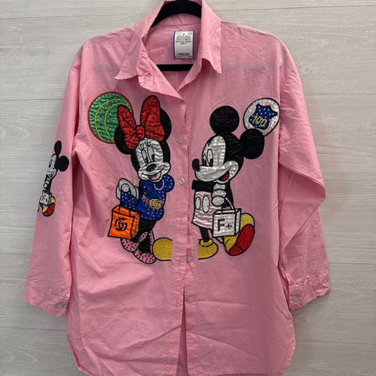Pink Embellished Mickey & Minnie Button Up Medium
