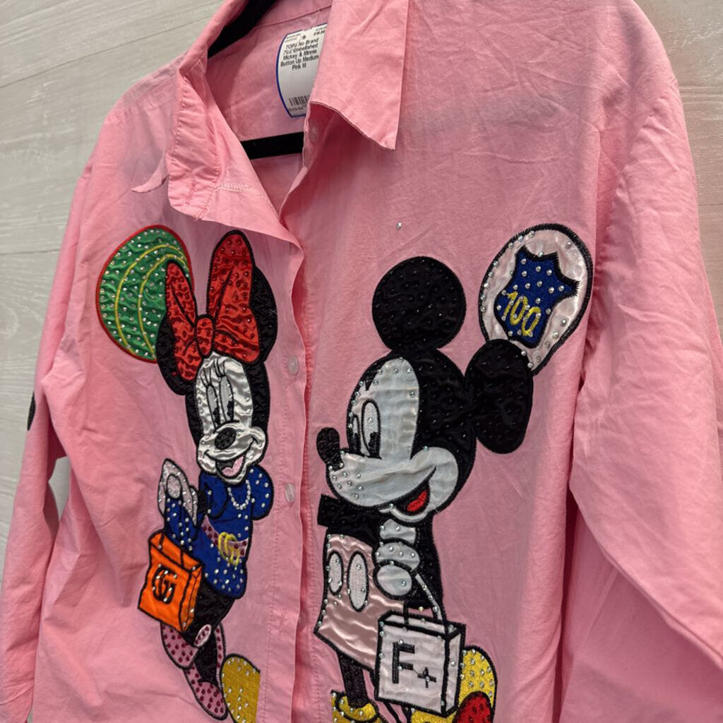 Pink Embellished Mickey & Minnie Button Up Medium
