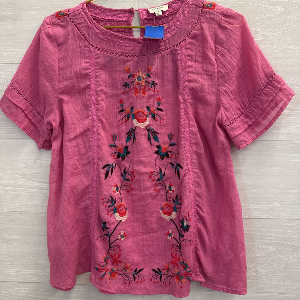 Umgee Pink Embroidered Short Sleeve Top Small