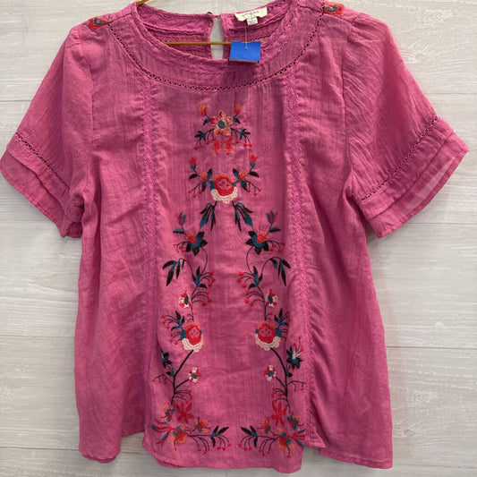 Umgee Pink Embroidered Short Sleeve Top Small