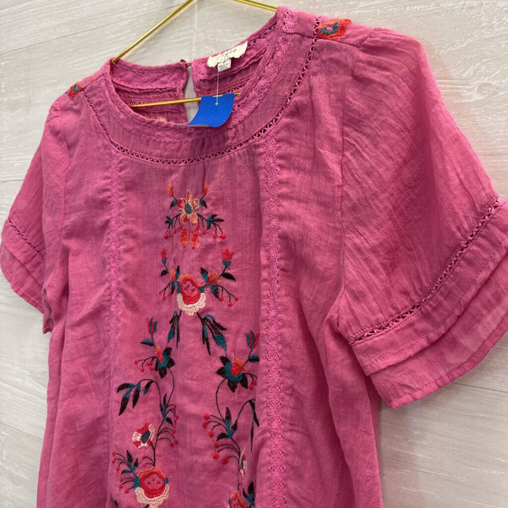 Umgee Pink Embroidered Short Sleeve Top Small