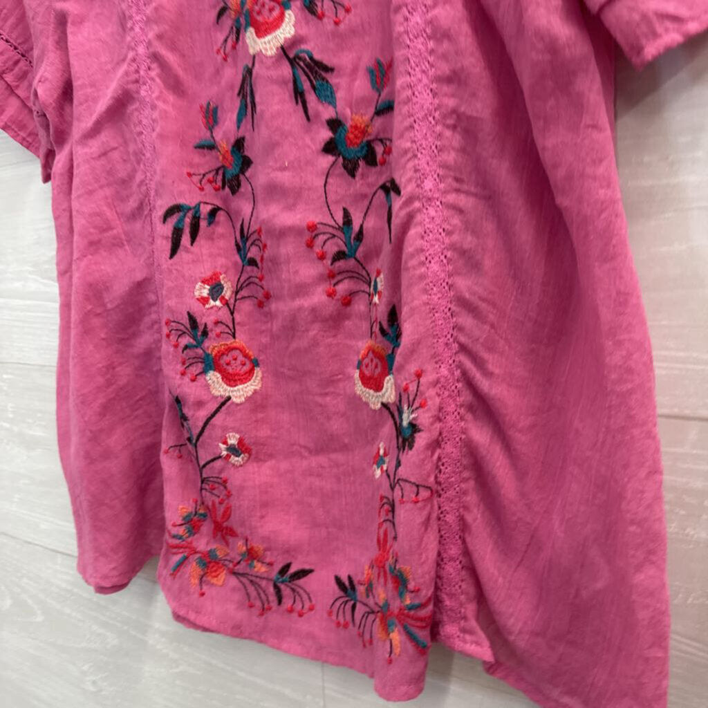 Umgee Pink Embroidered Short Sleeve Top Small