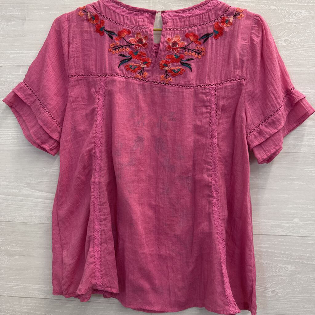 Umgee Pink Embroidered Short Sleeve Top Small