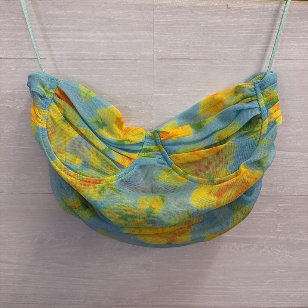 Zara Blue/ Yellow Print Cropped Strapless Corset Top Medium