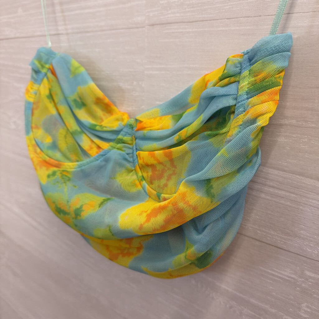 Zara Blue/ Yellow Print Cropped Strapless Corset Top Medium