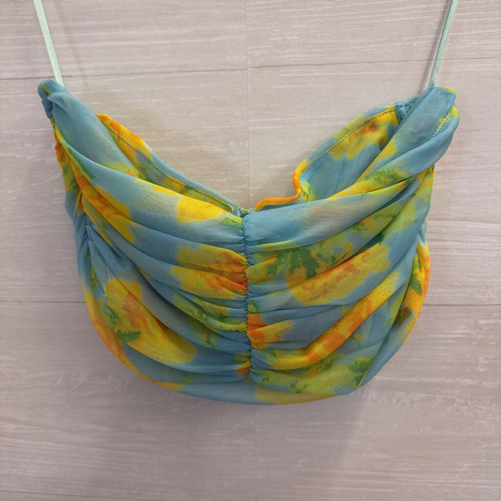 Zara Blue/ Yellow Print Cropped Strapless Corset Top Medium