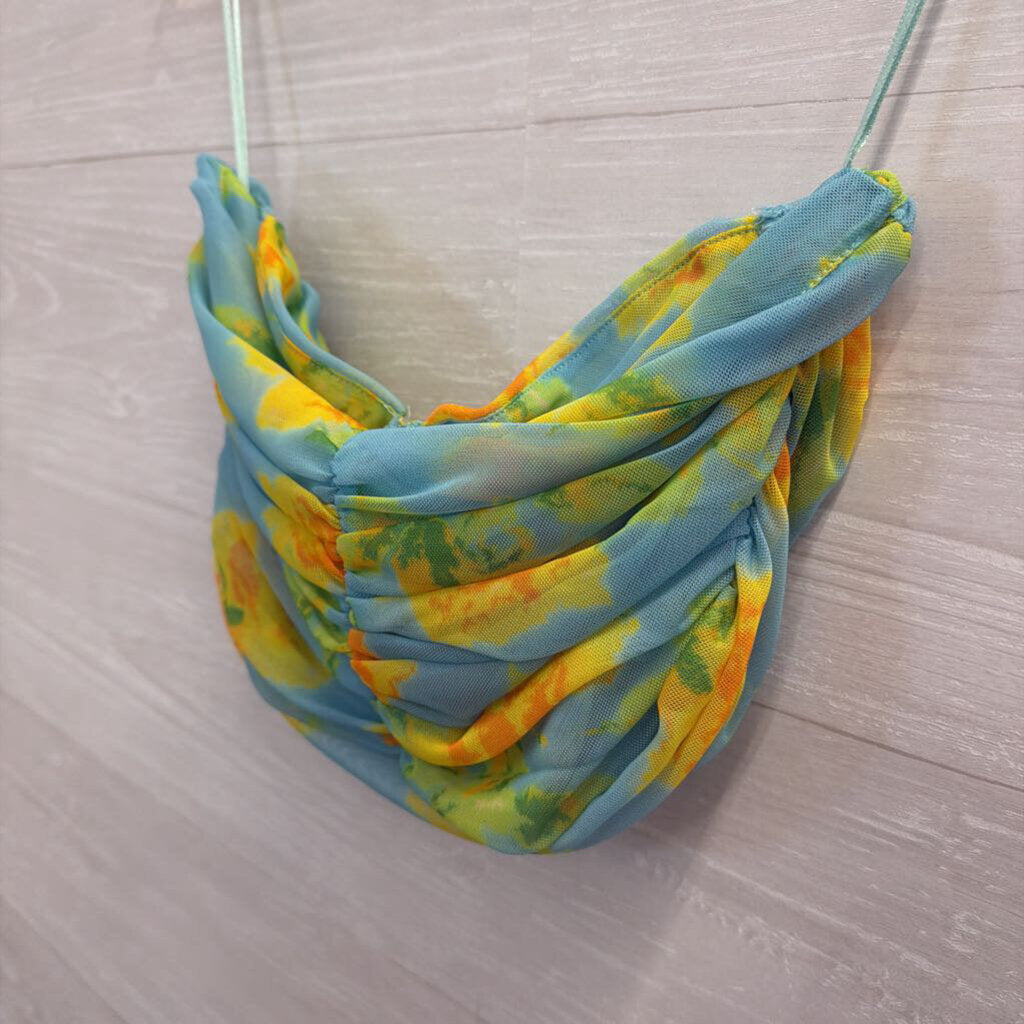 Zara Blue/ Yellow Print Cropped Strapless Corset Top Medium