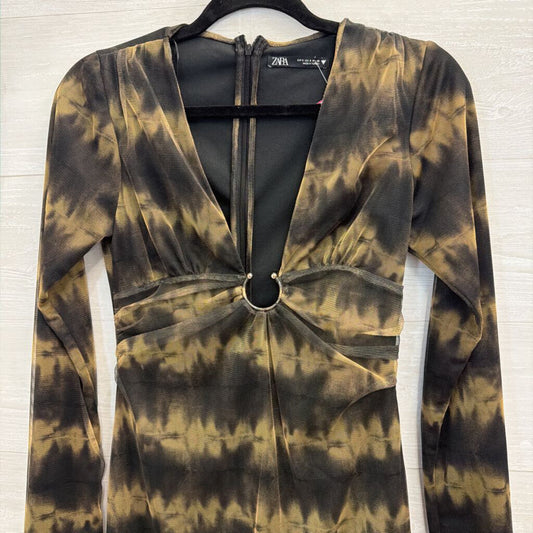 Zara Black/ Brown Print Long Sleeve V Neck Dress Small