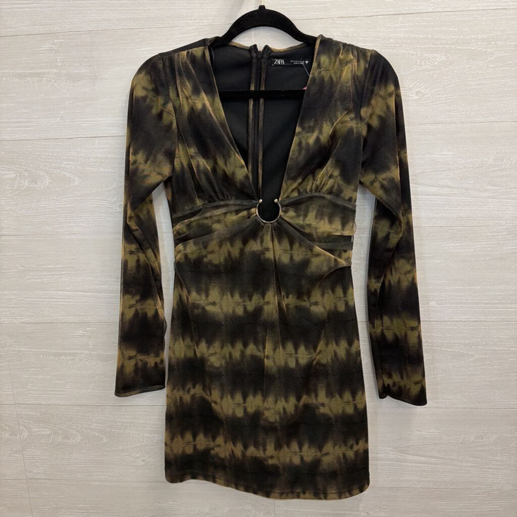 Zara Black/ Brown Print Long Sleeve V Neck Dress Small