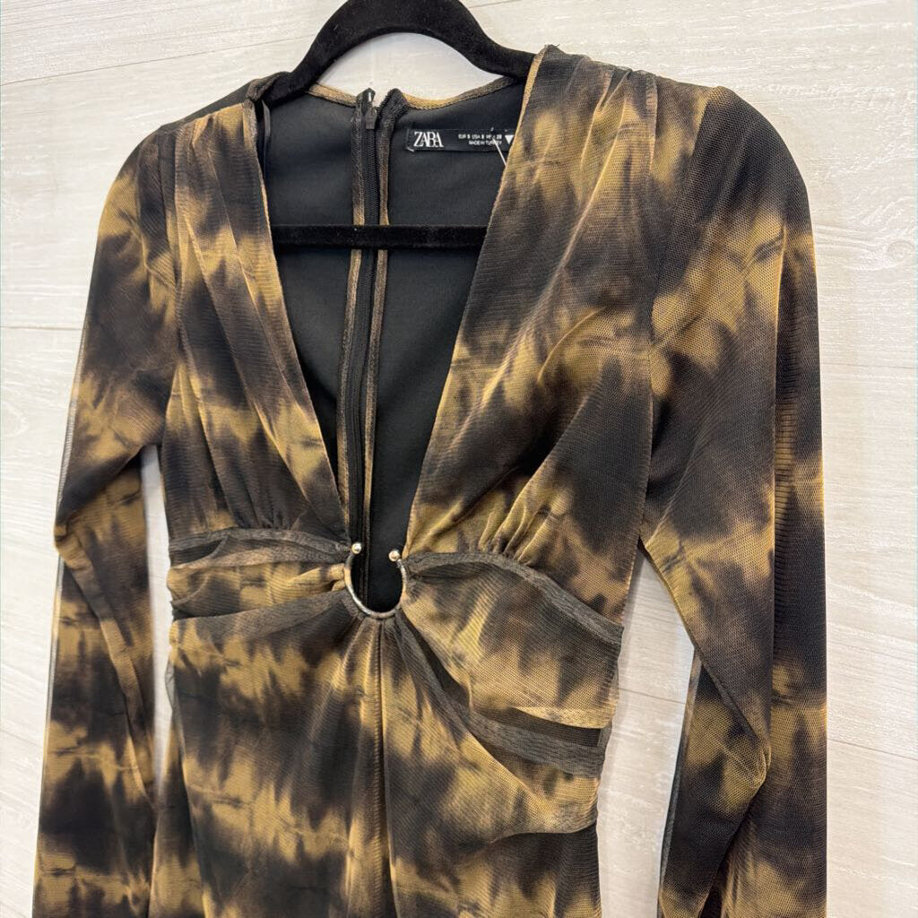 Zara Black/ Brown Print Long Sleeve V Neck Dress Small