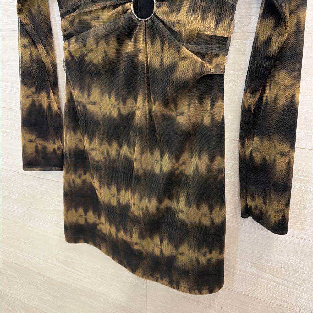 Zara Black/ Brown Print Long Sleeve V Neck Dress Small