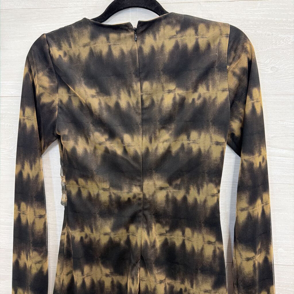 Zara Black/ Brown Print Long Sleeve V Neck Dress Small