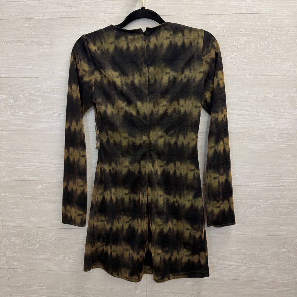 Zara Black/ Brown Print Long Sleeve V Neck Dress Small