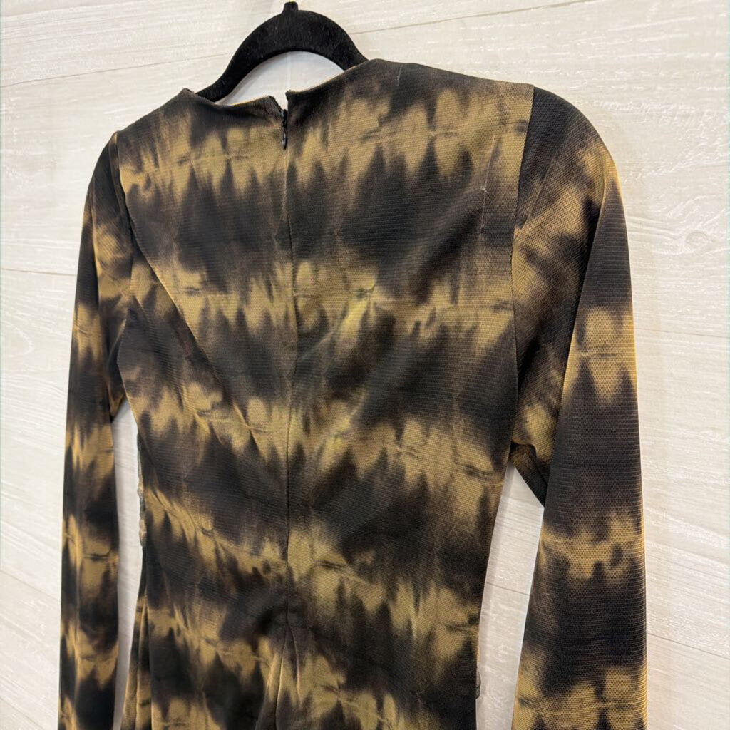 Zara Black/ Brown Print Long Sleeve V Neck Dress Small