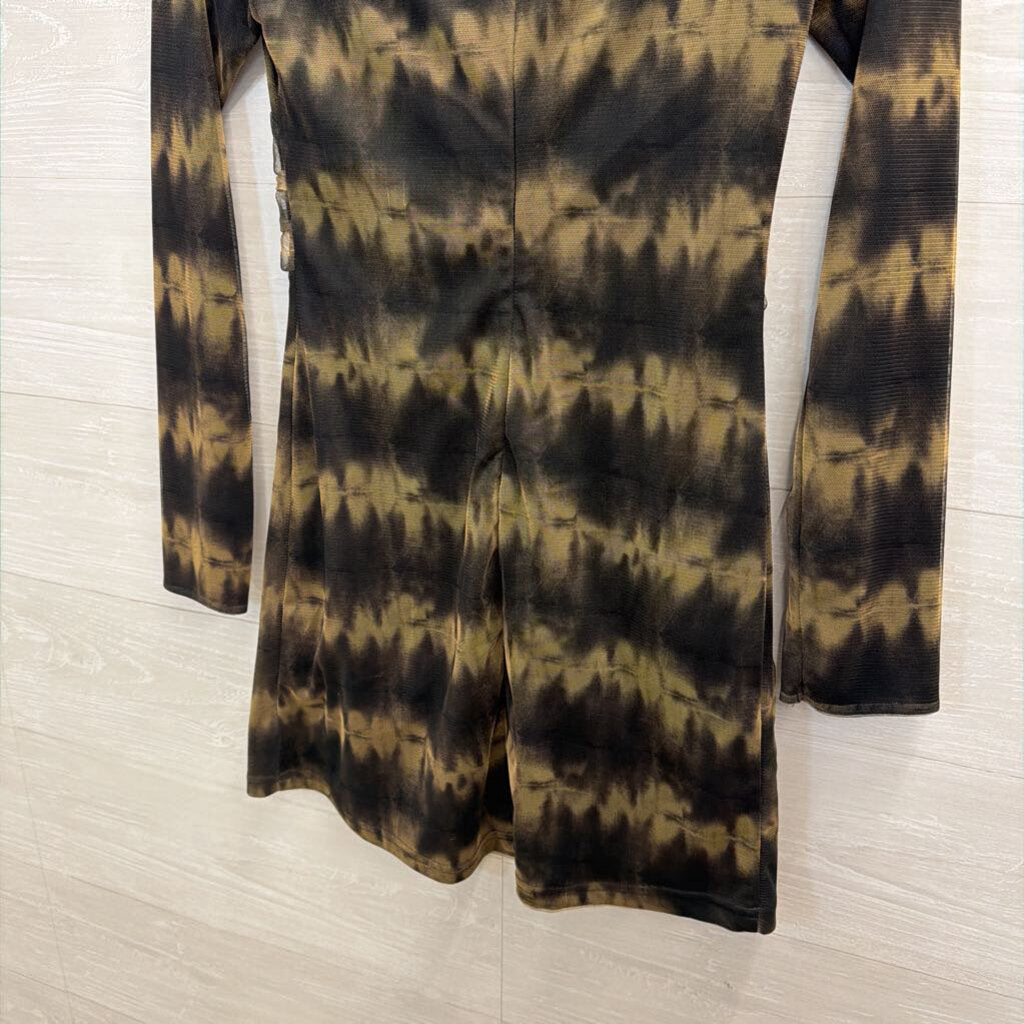 Zara Black/ Brown Print Long Sleeve V Neck Dress Small