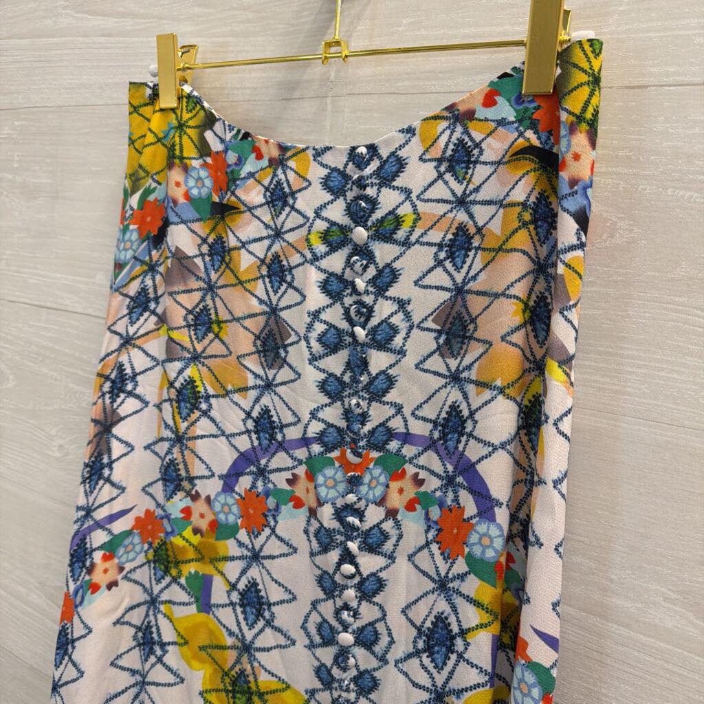 Saloni White/ Blue Print Side Button Maxi Skirt 6