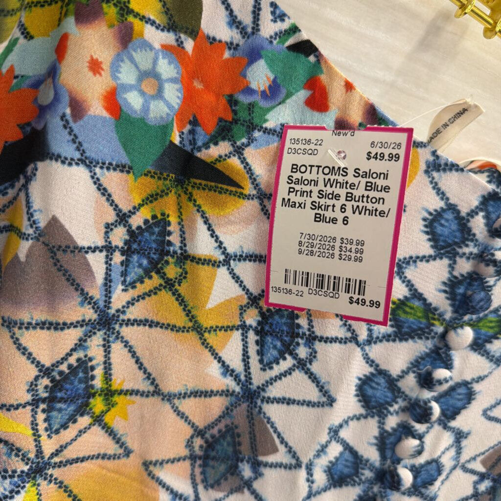 Saloni White/ Blue Print Side Button Maxi Skirt 6