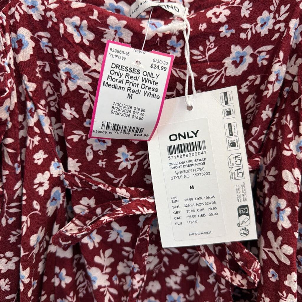 Only Red/ White Floral Print Dress Medium