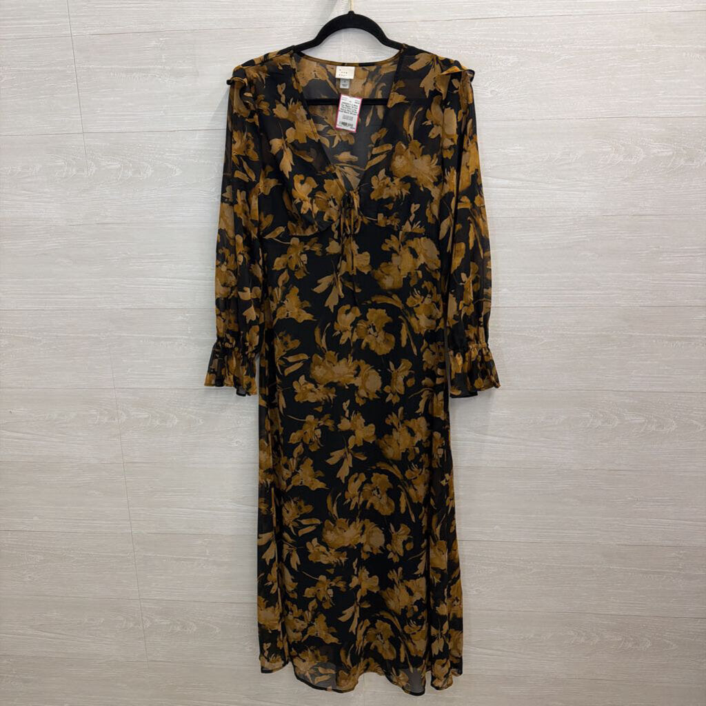 Black/ Brown Floral Print Long Sleeve Maxi Dress Small