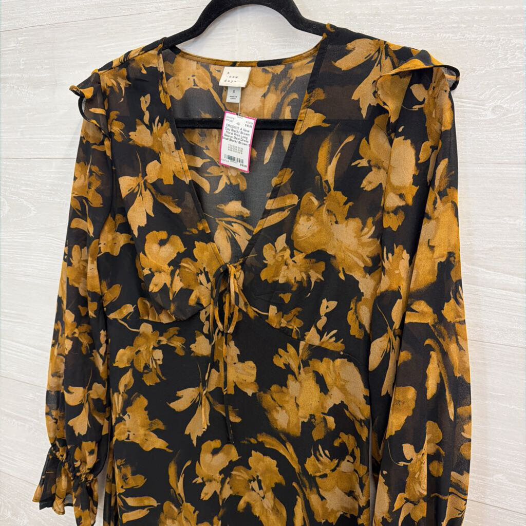 Black/ Brown Floral Print Long Sleeve Maxi Dress Small