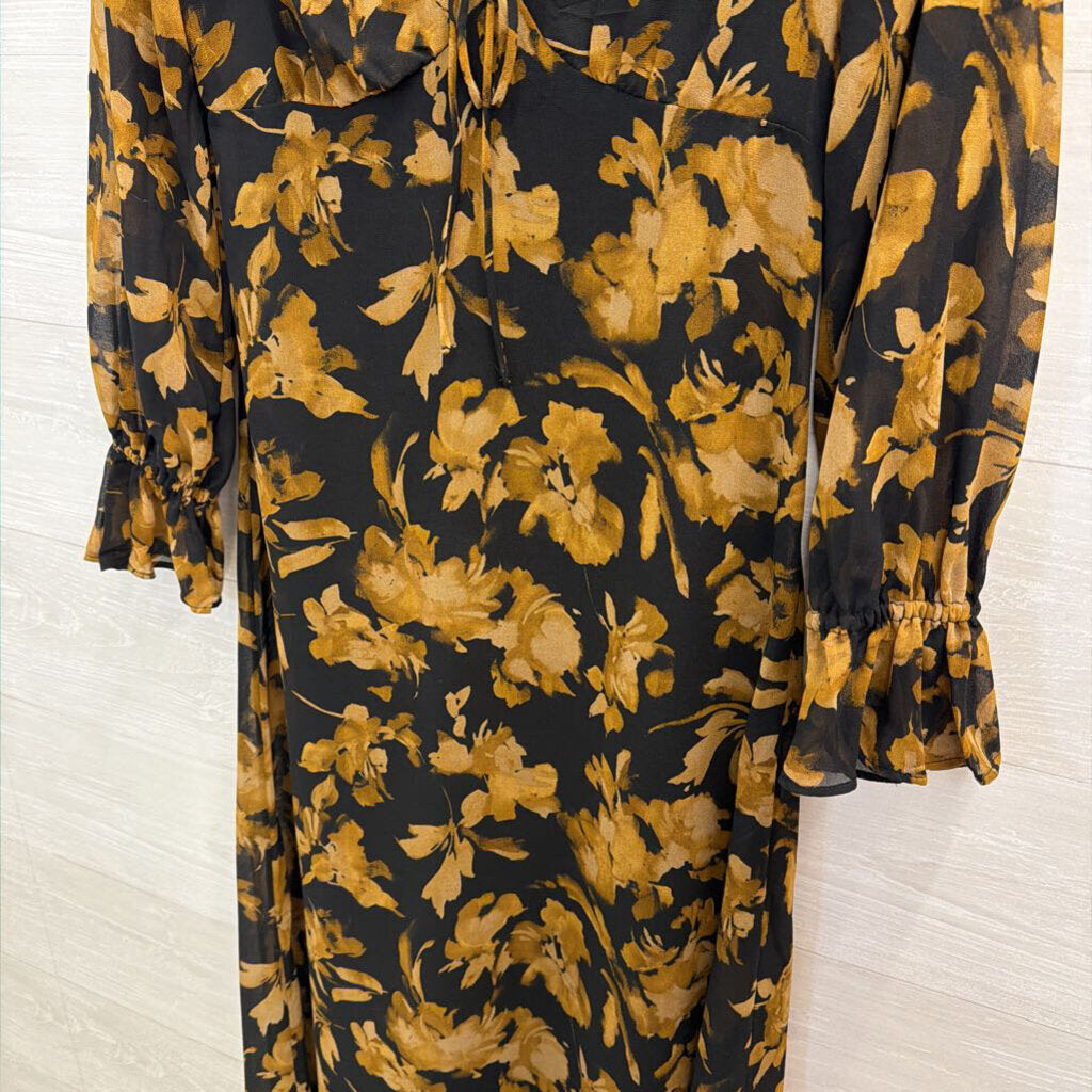 Black/ Brown Floral Print Long Sleeve Maxi Dress Small