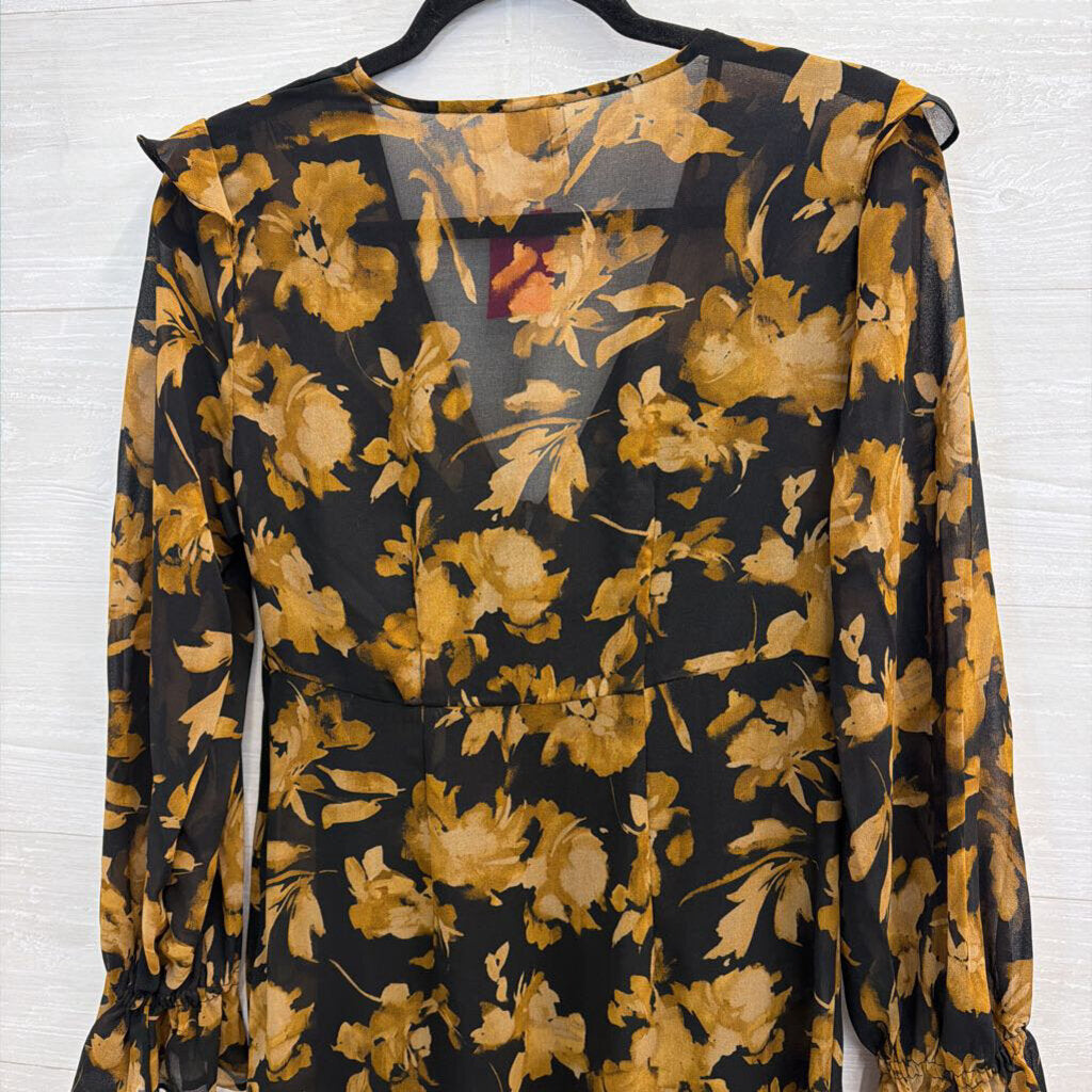 Black/ Brown Floral Print Long Sleeve Maxi Dress Small