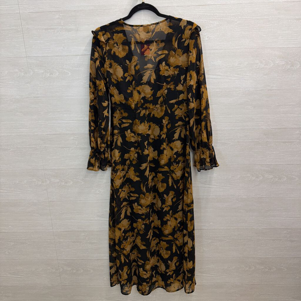 Black/ Brown Floral Print Long Sleeve Maxi Dress Small