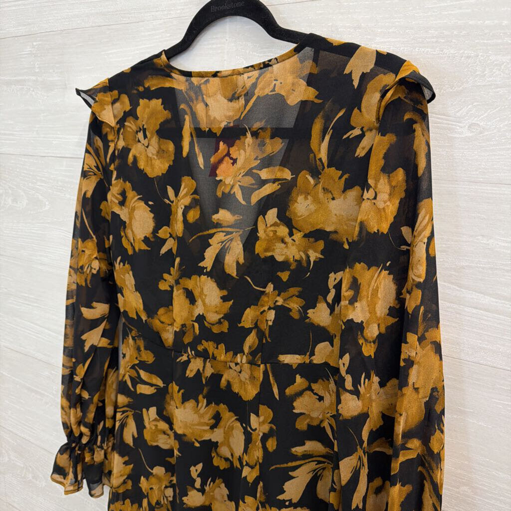 Black/ Brown Floral Print Long Sleeve Maxi Dress Small