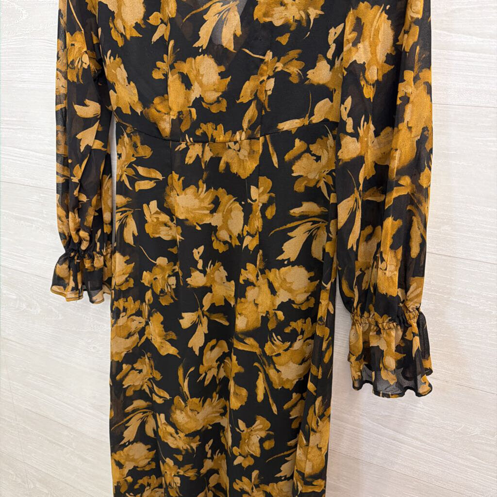 Black/ Brown Floral Print Long Sleeve Maxi Dress Small