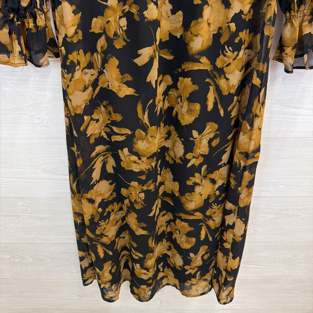 Black/ Brown Floral Print Long Sleeve Maxi Dress Small