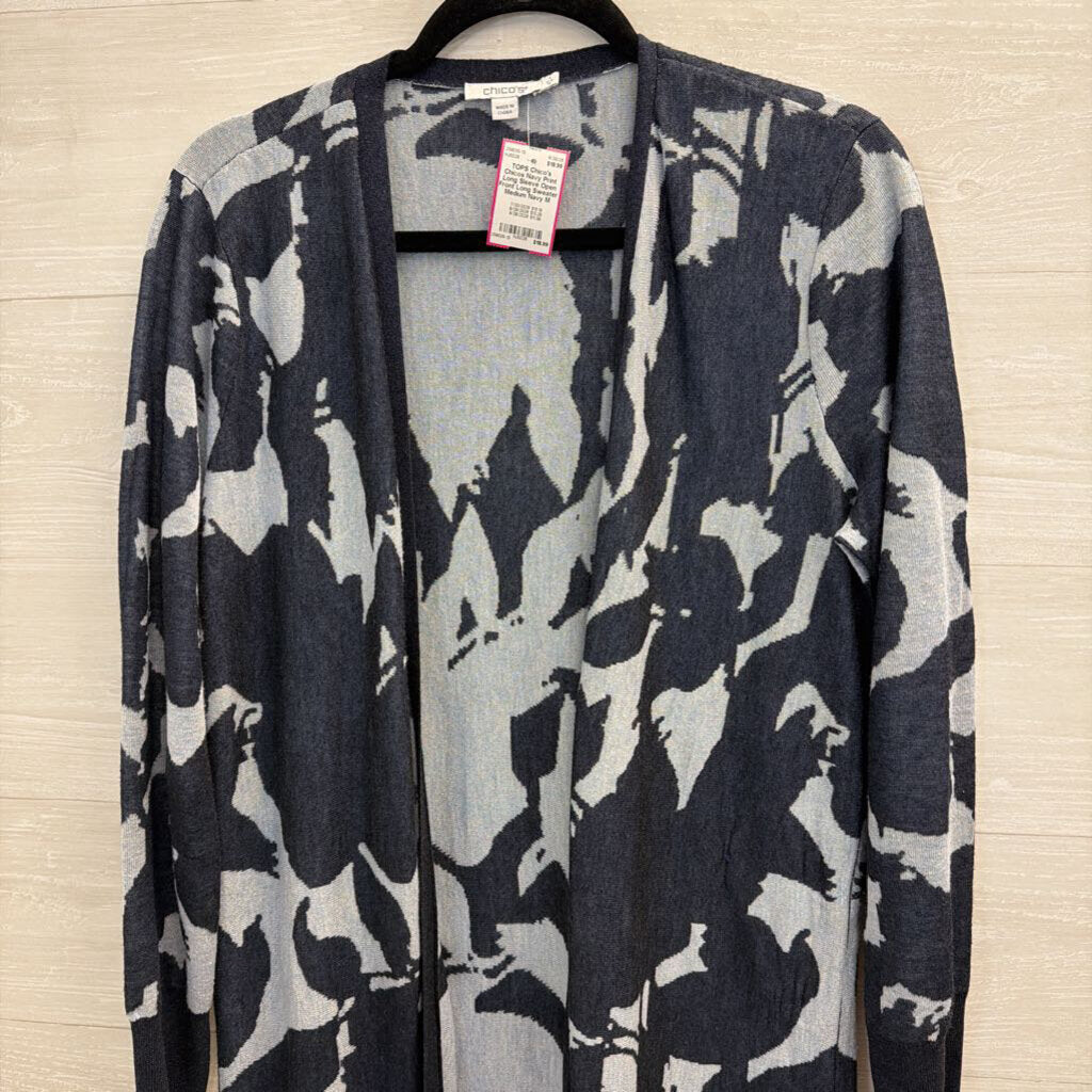 Chicos Navy Print Long Sleeve Open Front Long Sweater Medium